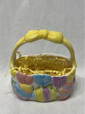 Small Ceramic Easter Basket Decorated With Tulips And Easter Eggs